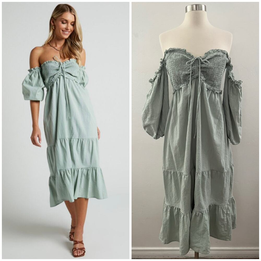 Showpo Nikka Dress Size 10 Sage Shirred Off The Shoulder Puff Sleeve Midi Cotton
